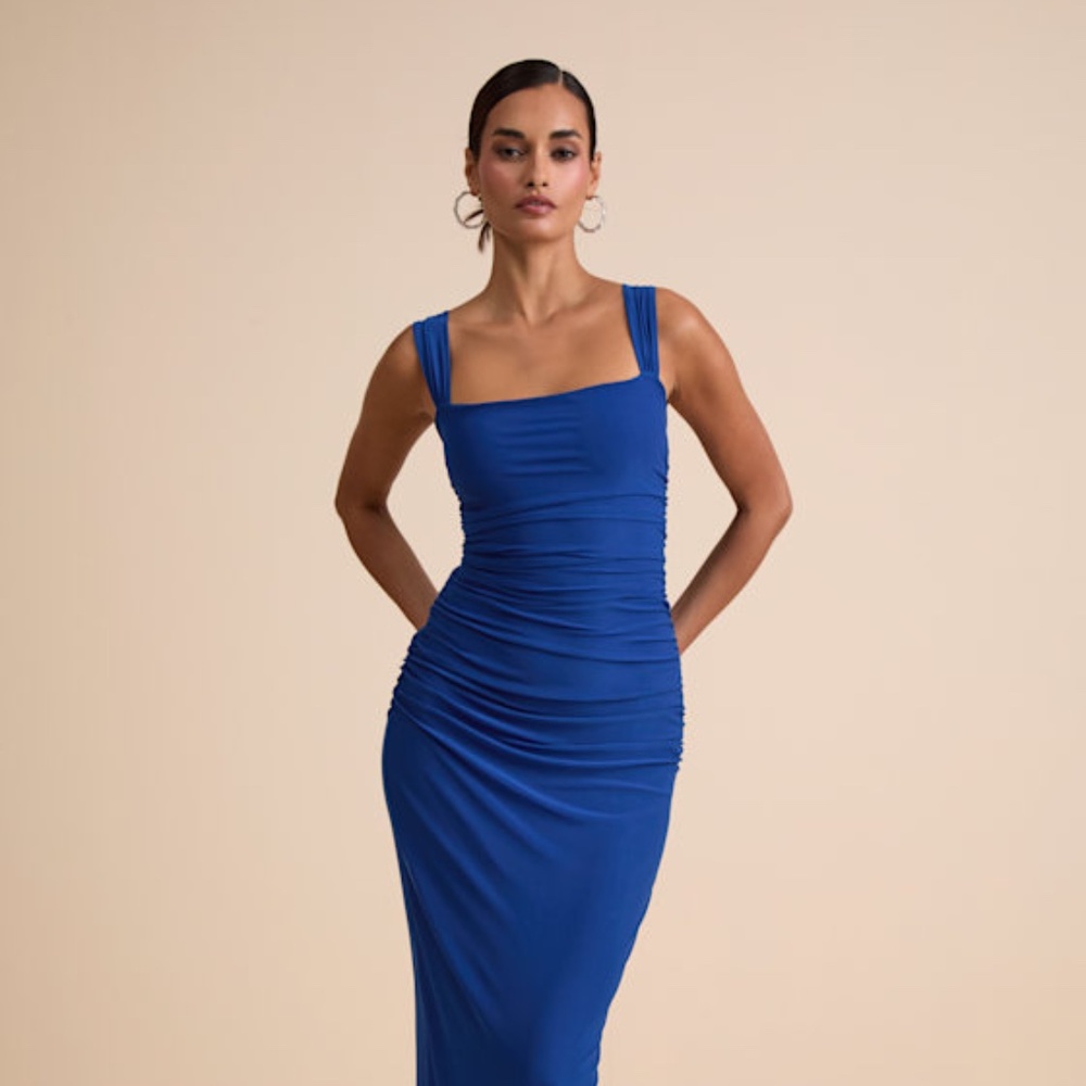 Lulus Amazing Presence Blue Mesh Ruched Column Maxi Dress - Size M